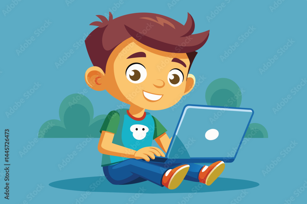 A cheerful young boy is sitting cross-legged on the grass, focused on his laptop, engaged in an enjoyable activity outdoors amidst lush greenery. A cheerful young boy is sitting cross-legged on the grass, focused on his laptop, engaged in an enjoyable activity outdoors amidst lush greenery.