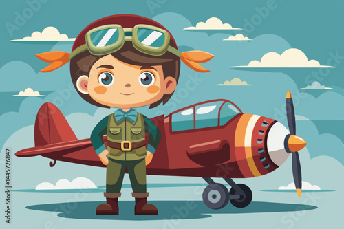 A young pilot in a green outfit and goggles smiles confidently next to a red vintage airplane, showcasing a joyful moment in aviation against a bright sky.