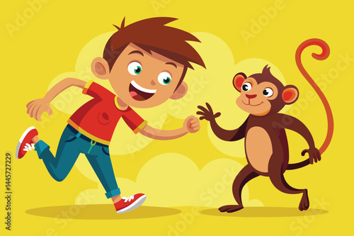 A cheerful young boy in a red shirt joyfully runs next to a cartoon monkey with a playful expression, both enjoying a sunny and vibrant afternoon.