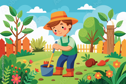 A boy engages in gardening, using a small shovel to plant flowers while surrounded by colorful plants and trees in a cheerful garden.