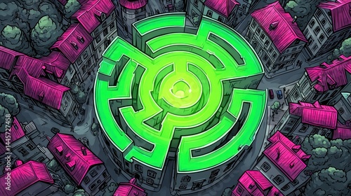 Futuristic neon green labyrinth in the center of an old city with pink rooftops, top view. Digital cyber maze, mysterious urban landscape, fantasy concept art.