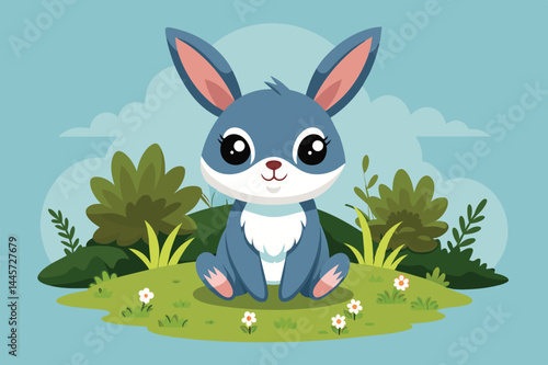 A charming cartoon bunny with big eyes and floppy ears sits happily on green grass, surrounded by lush bushes and blooming flowers under a clear blue sky.