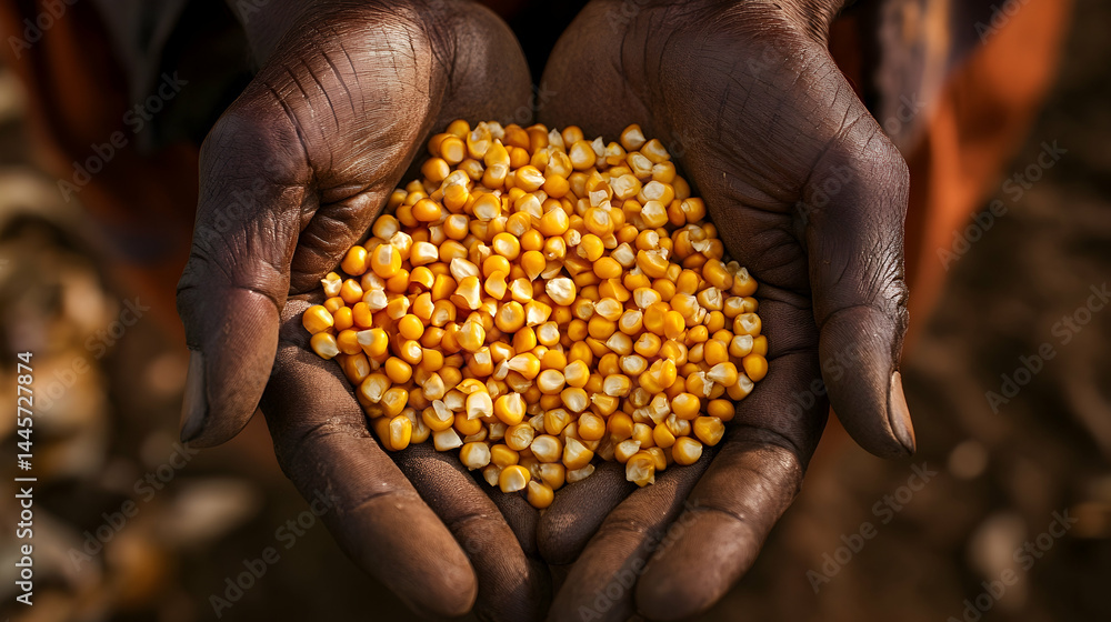 Dark hands hold a pile of yellow grains outdoors in natural light. Dark hands hold a pile of yellow grains outdoors in natural light.
