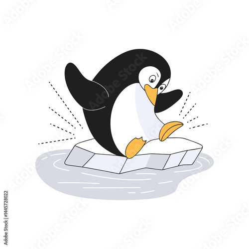 Vector Clumsy Penguin Balancing on Floating Iceberg – Cute Arctic Animal Illustration