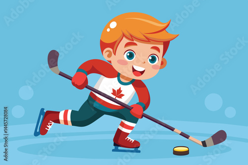 A cheerful young boy skillfully skates on an ice rink, focusing intently as he maneuvers a puck with his hockey stick, dressed in colorful gear.