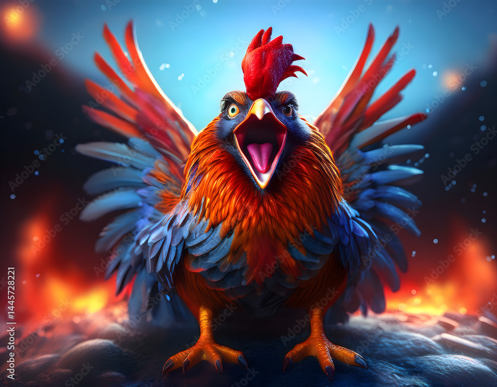 Fototapeta premium Colorful rooster crowing with open wings on fire background