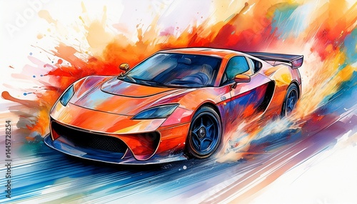 a dynamic watercolor illustration of a sports car speeding with vibrant flames and splashes of color conveying energy and motion