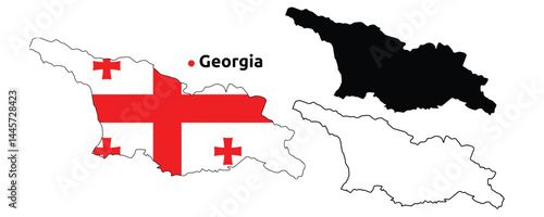 Georgia Map Vector - Country Outline, Flag Inside Map, Blank and Silhouette Version