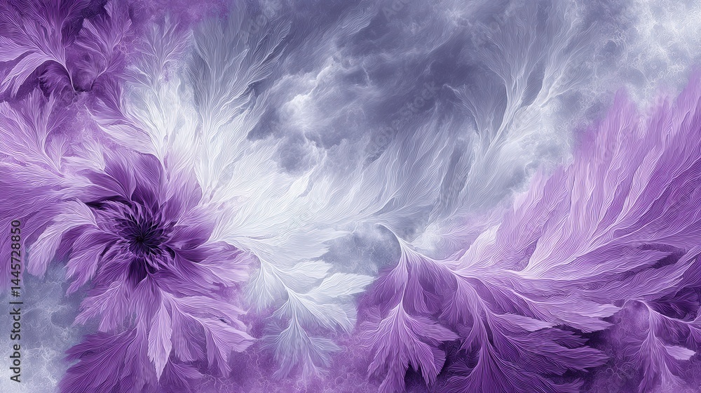 Abstract purple and white floral background with soft feather-like petals, fantasy dreamy texture, elegant and decorative, perfect for digital art, wallpaper, or creative design projects. Abstract purple and white floral background with soft feather-like petals, fantasy dreamy texture, elegant and decorative, perfect for digital art, wallpaper, or creative design projects.