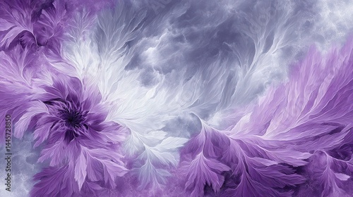 Abstract purple and white floral background with soft feather-like petals, fantasy dreamy texture, elegant and decorative, perfect for digital art, wallpaper, or creative design projects.