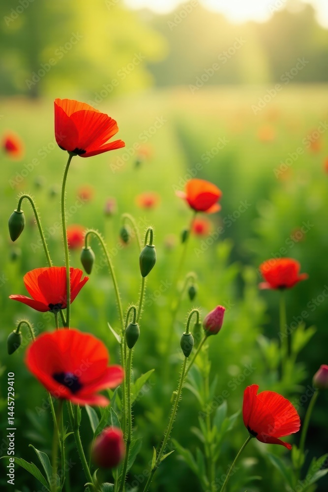 Fototapeta premium Vibrant poppies sway gently on a lush green field , poppies, field
