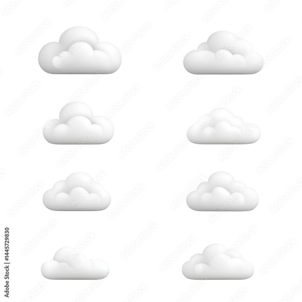 Fototapeta premium Eight fluffy white cloud icons are displayed against transparency background, each with unique shape and soft, rounded edges, creating whimsical and serene atmosphere