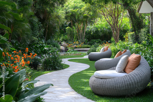 serene green zone with lush gardens featuring comfortable seating areas and vibrant flowers.