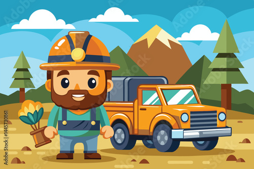 A joyful miner in a hard hat smiles while holding a potted plant beside an orange pickup truck. The backdrop features mountains and lush trees under a clear blue sky.