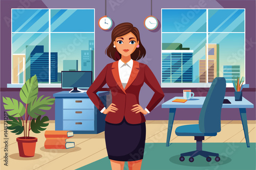 A confident woman in a suit stands in a contemporary office, showcasing her professional demeanor against a backdrop of a vibrant city skyline and modern furnishings.