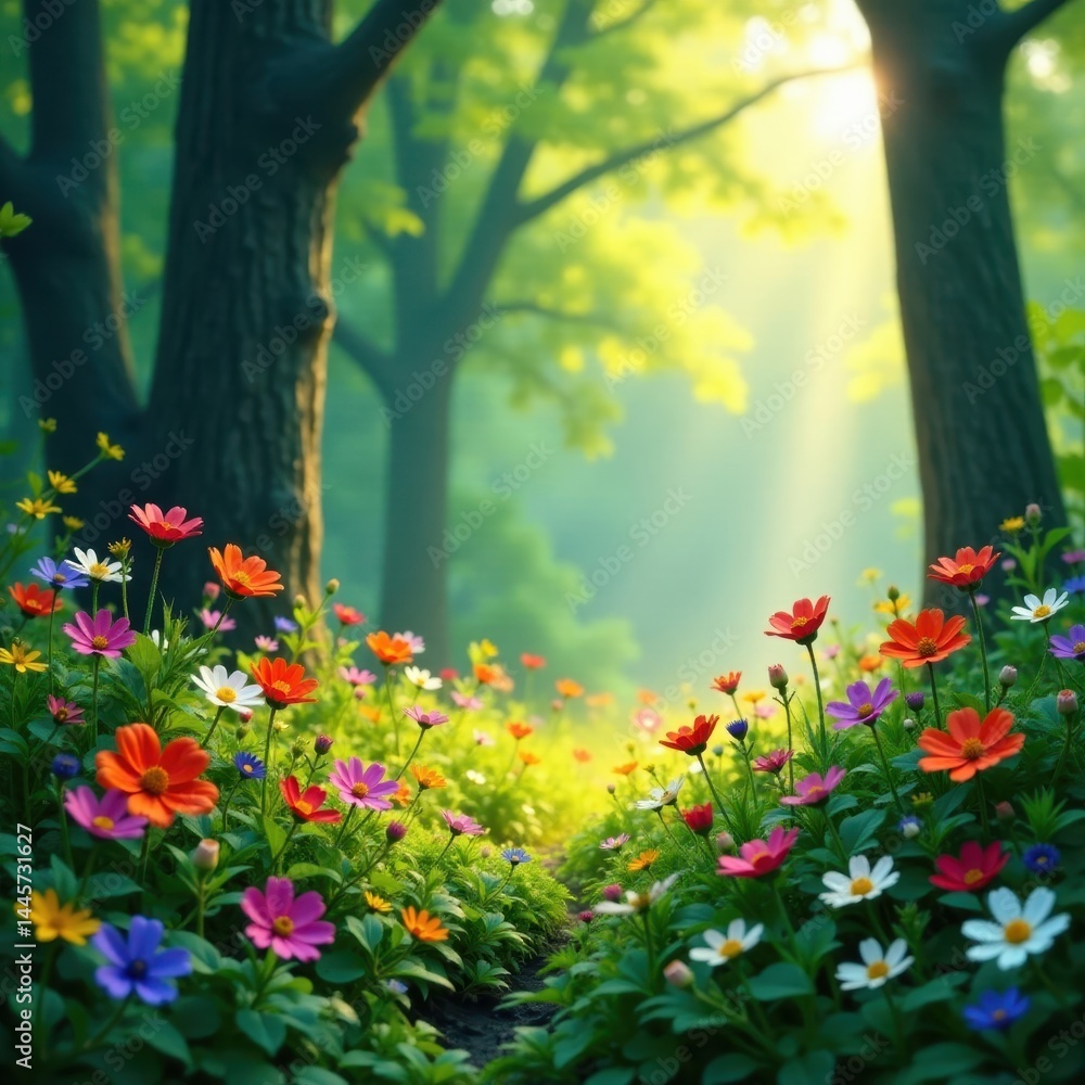Fototapeta premium Vibrant wildflowers swaying gently in forest breeze, greenery, nature
