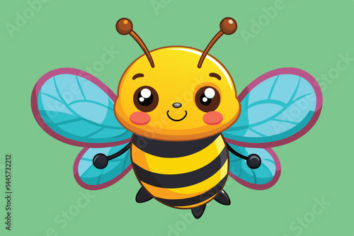 A cheerful cartoon bee with large, expressive eyes and vibrant blue wings flits joyfully against a bright green background, perfect for engaging young audiences.