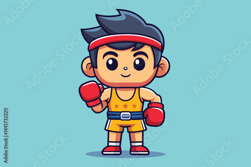 This cartoon character is a young boxer with a confident smile, wearing red gloves and colorful attire, embodying a spirit of determination and fun.