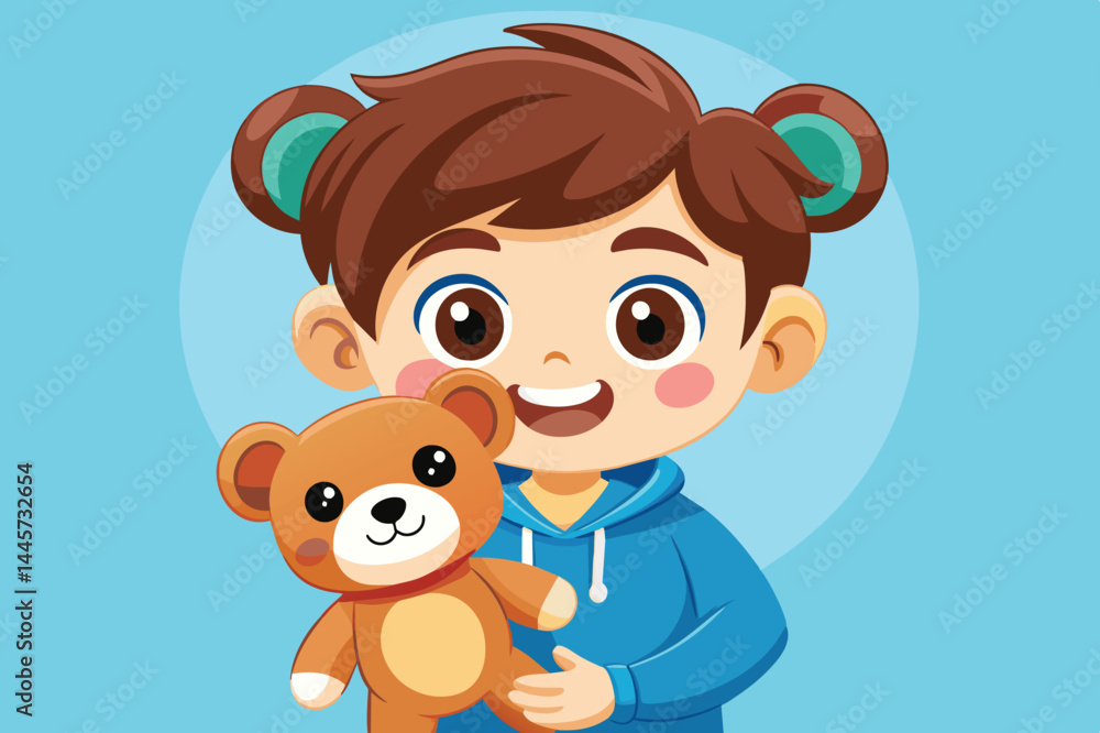 Obraz premium A young child with short brown hair and colorful hair bands happily holds a teddy bear, radiating joy in a bright atmosphere.