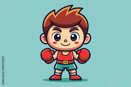 A cheerful cartoon boxer stands confidently with red gloves and shorts, showcasing an energetic demeanor. The characters playful design is highlighted on a pastel background.