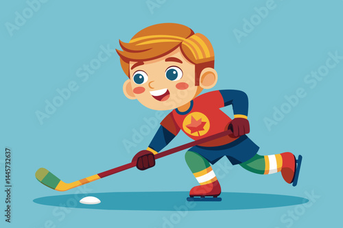 A cheerful boy skates on ice while handling a hockey stick, preparing to hit a puck. He wears colorful gear, embodying enthusiasm for the sport in a playful atmosphere.
