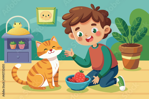 A young boy smiles and reaches out to his orange cat as he sits on the floor beside a bowl filled with fresh strawberries, surrounded by houseplants.