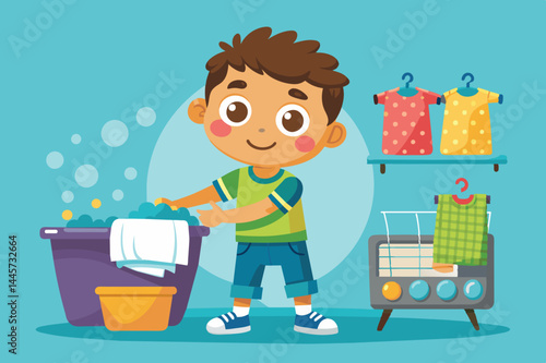 A cheerful young boy is washing clothes with enthusiasm, surrounded by bright, patterned shirts hanging nearby and playful bubbles appearing around him.