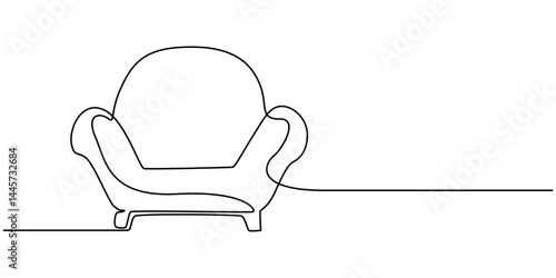 Single Line Drawing of a Modern Boho Chair with Copy Space and Editable Stroke, Armchair furniture continuous one line drawing. Single line art illustration of cozy armchair. Editable vector.