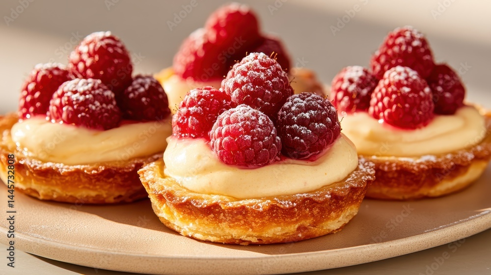 A mouthwatering display of raspberry tarts dusted with powdered sugar captures the essence of classic desserts, combining elegance and indulgence in every bite. A mouthwatering display of raspberry tarts dusted with powdered sugar captures the essence of classic desserts, combining elegance and indulgence in every bite.