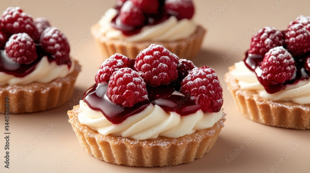 These decadent raspberry tarts are generously topped with fresh, dark red raspberries and luscious cream, creating a visually stunning and mouthwatering dessert experience. These decadent raspberry tarts are generously topped with fresh, dark red raspberries and luscious cream, creating a visually stunning and mouthwatering dessert experience.