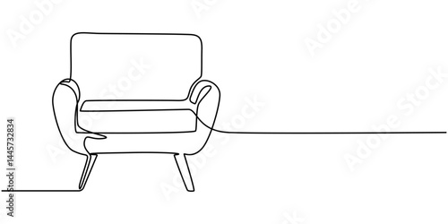 Single Line Drawing of a Modern Boho Chair with Copy Space and Editable Stroke, Armchair furniture continuous one line drawing. Single line art illustration of cozy armchair. Editable vector.