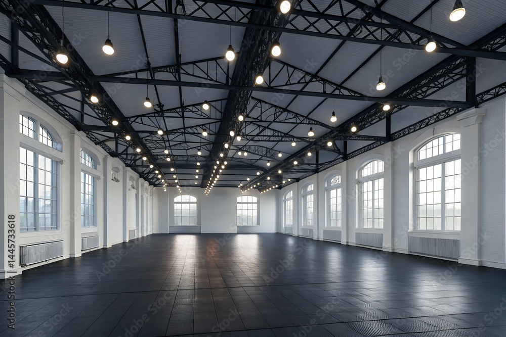 Spacious Empty Hall with High Ceilings and Large Windows Spacious Empty Hall with High Ceilings and Large Windows
