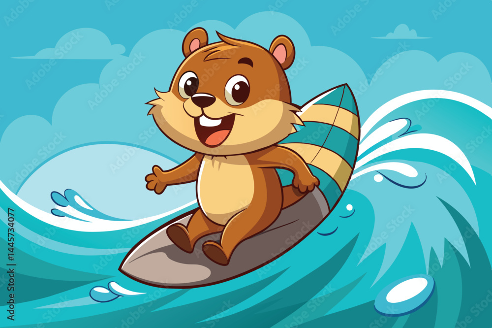 A cartoon beaver happily rides a surfboard on vibrant waves, embodying joy and adventure under a bright blue sky filled with fluffy clouds. A cartoon beaver happily rides a surfboard on vibrant waves, embodying joy and adventure under a bright blue sky filled with fluffy clouds.