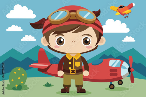 A cartoon-style young pilot wearing goggles and a red hat stands beside a small red airplane in a colorful mountainous landscape filled with clouds.
