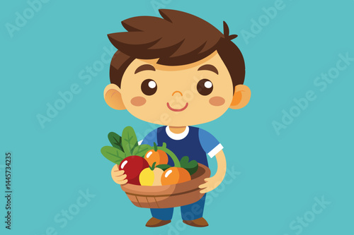 A young boy happily carries a basket filled with colorful fruits and vegetables while smiling brightly, embodying joy and healthfulness in a playful illustration.