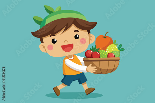 A young boy with a green headband happily carries a wooden basket filled with assorted fresh fruits, showcasing a bright and whimsical backdrop.