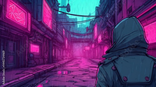 Cyberpunk alleyway with neon pink and teal lights, featuring a hooded figure in a dark coat, creating a moody urban sci-fi atmosphere.