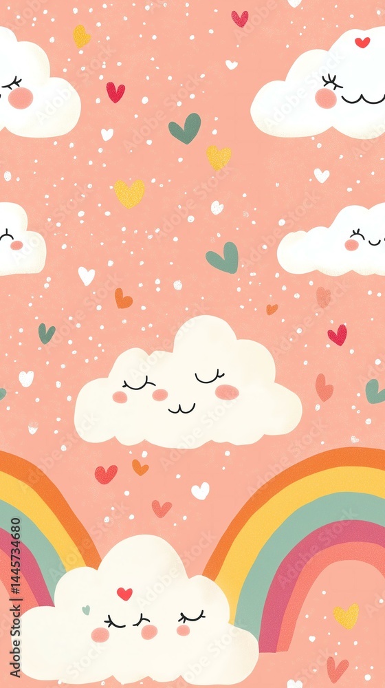 Whimsical clouds and rainbows on pastel background. Whimsical clouds and rainbows on pastel background.