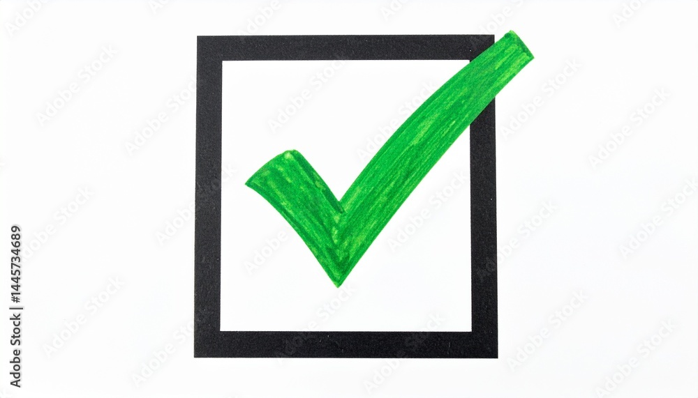 A green checkmark inside a black square box on a white background, symbolizing approval or completion. A green checkmark inside a black square box on a white background, symbolizing approval or completion.