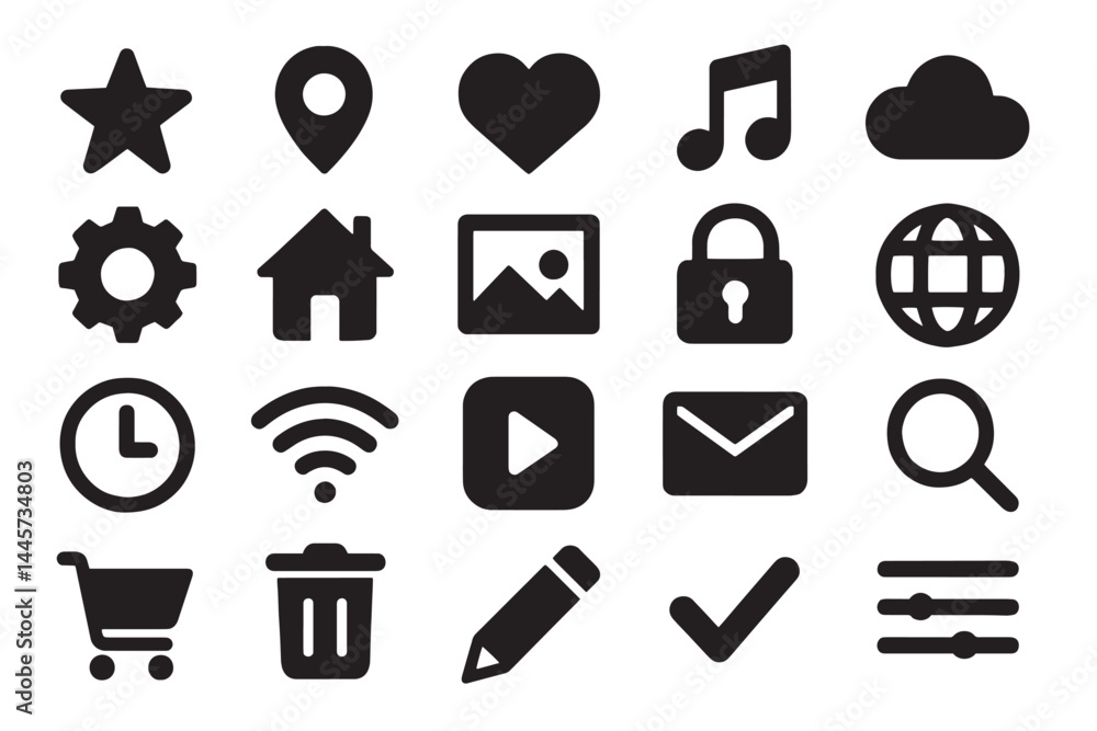 Icons Collection: A comprehensive collection of various icons presented in a sleek, contemporary design, covering a range of common symbols used in various applications, websites, and designs. Icons Collection: A comprehensive collection of various icons presented in a sleek, contemporary design, covering a range of common symbols used in various applications, websites, and designs.