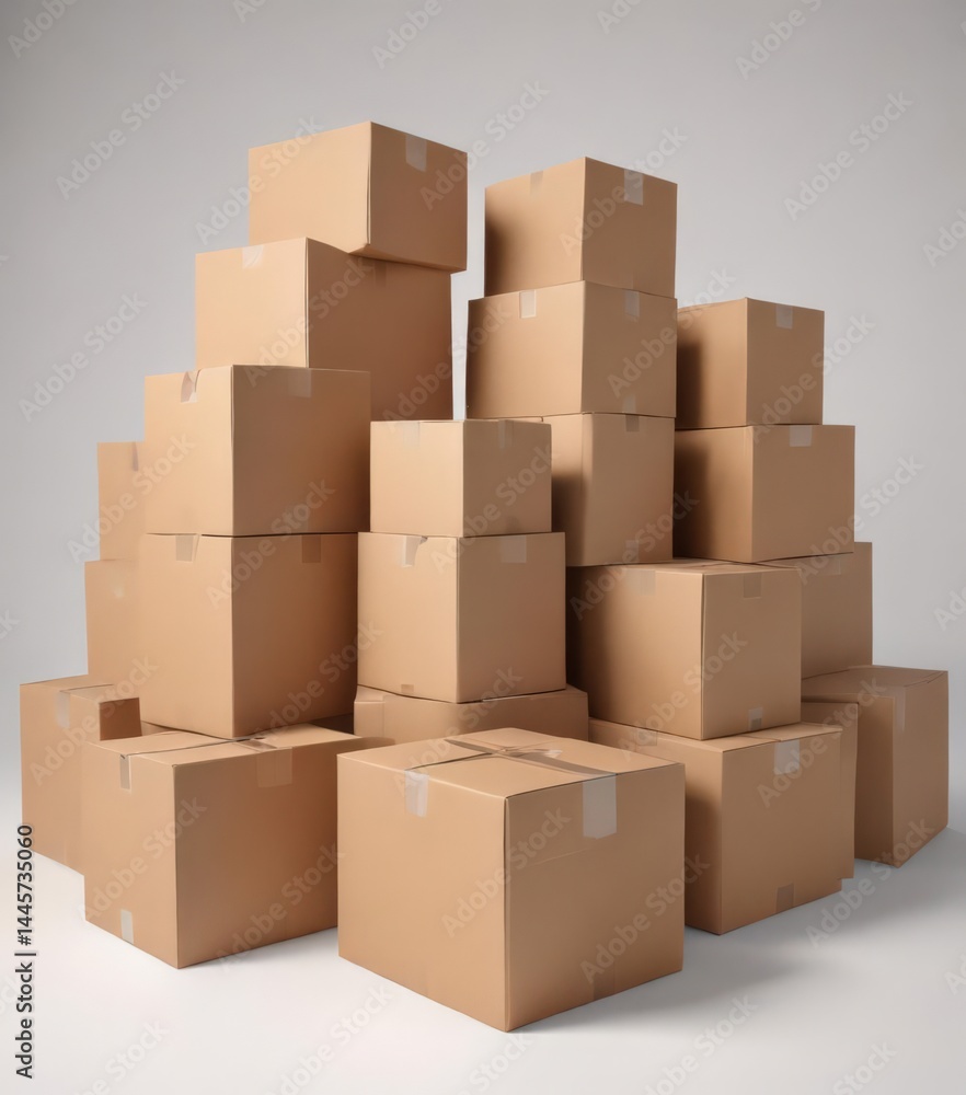 Several empty brown cardboard boxes against white backdrop , sustainable, recycling, backdrop Several empty brown cardboard boxes against white backdrop , sustainable, recycling, backdrop