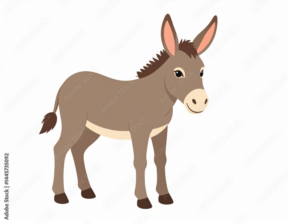 A cute cartoon donkey stands on a plain white background, facing forward with a friendly expression. A cute cartoon donkey stands on a plain white background, facing forward with a friendly expression.