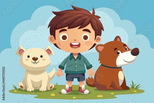 A young boy smiles happily as he stands between a friendly white dog and a playful brown dog in a vibrant grassy field on a sunny day.