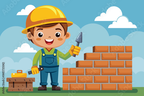 A young child, smiling broadly, holds a trowel while building a brick wall in a vibrant outdoor environment with blue sky and fluffy clouds.