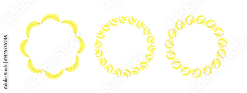Set of banana wreath circle frames. Flat cartoon style with whole and peeled bananas arranged in round borders. Tropical fruit vector design for summer, food and kids themes.
