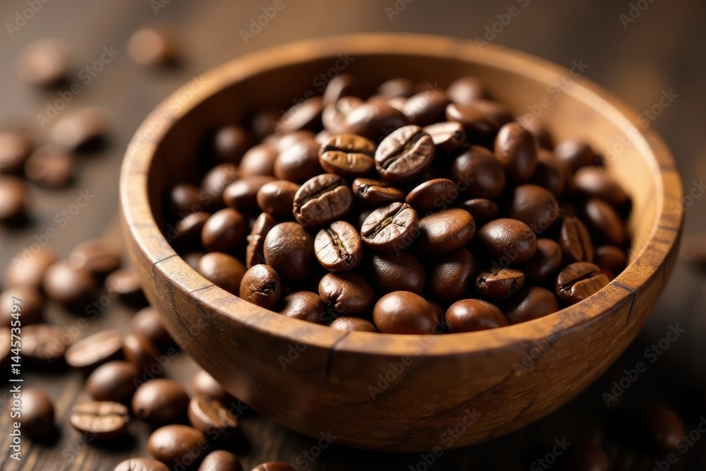 Fototapeta premium Warm Colombian coffee beans in a wooden basket, wood, coffee