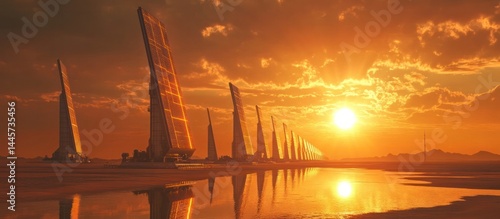 Majestic sailboats silhouetted against a breathtaking fiery sunset on the open ocean creating a serene and tranquil seascape