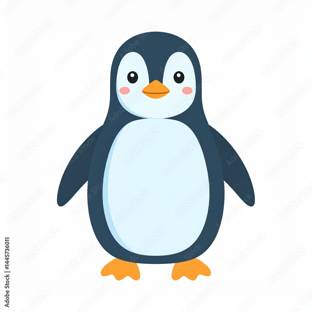 Fototapeta premium Cute cartoon penguin with a white belly, orange beak, and feet, standing on a plain background.