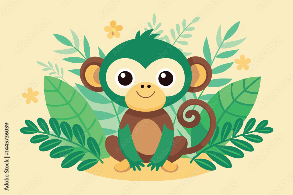 Obraz premium A cute green monkey with large eyes sits happily surrounded by lush tropical leaves and flowers, showcasing a playful and friendly demeanor in a vibrant design.