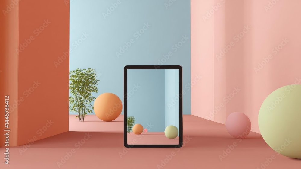 Modern and minimalistic interior design with a pink and orange color scheme. in the center of the image, there is a black tablet with a blank screen. Modern and minimalistic interior design with a pink and orange color scheme. in the center of the image, there is a black tablet with a blank screen.